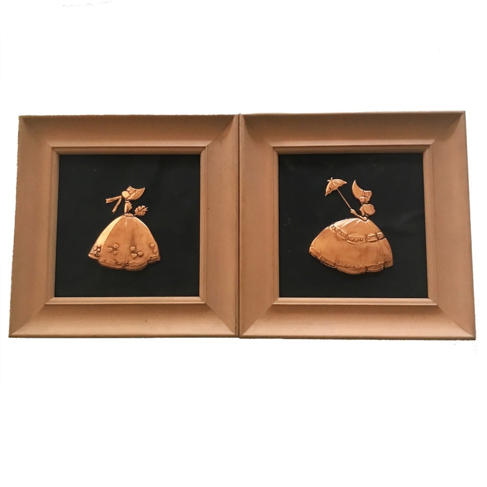 Vintage Pair of Framed Copper "Sunbonnet" Art